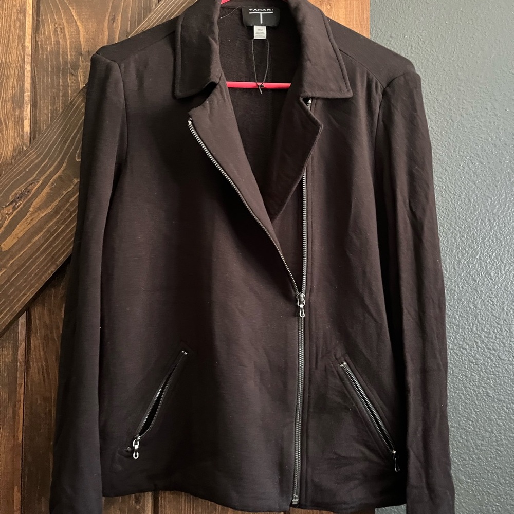 Tahari Cotton Motorcycle Black Zip-Up Jacket